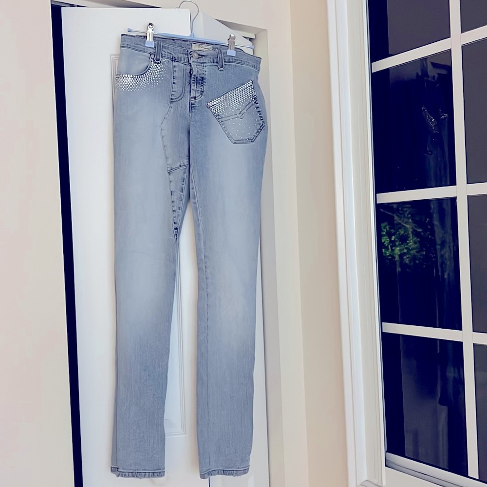 Blumarine blue skinny mid rise jeans with crystals ambllished